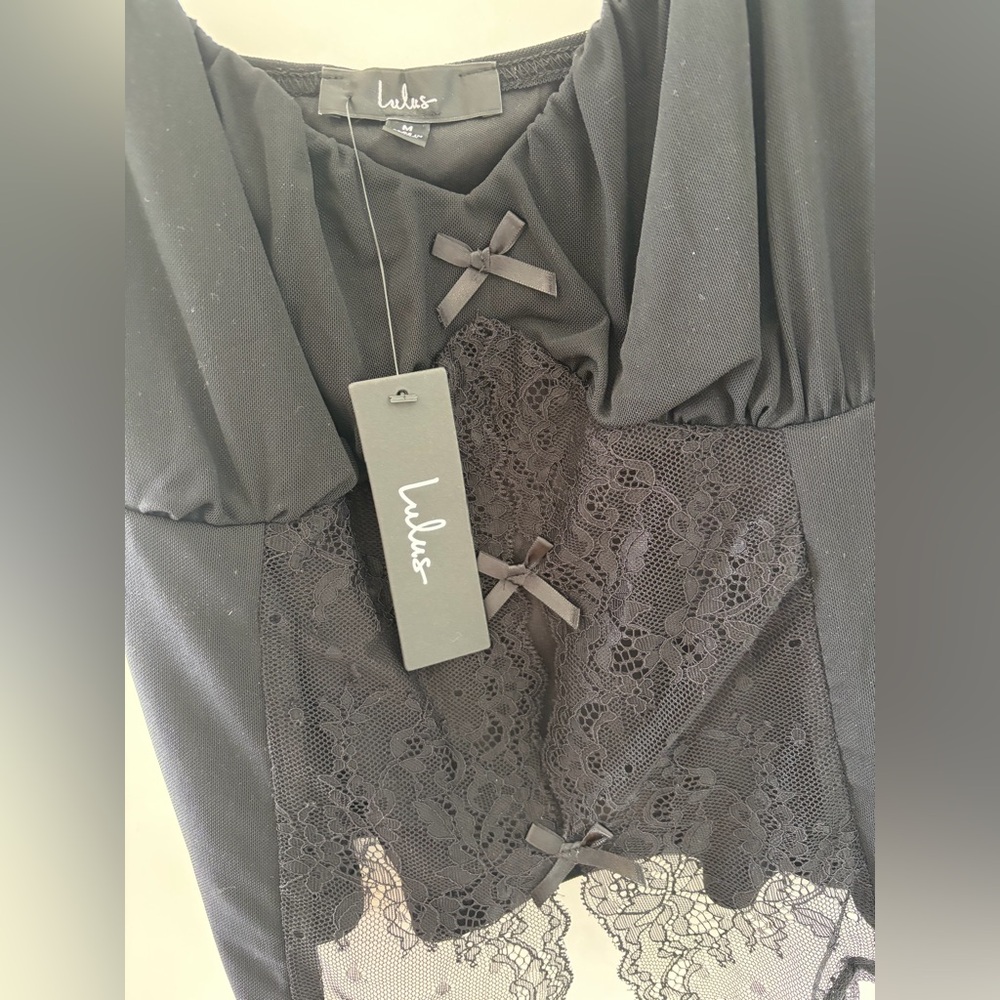 Lulus Sultry Pick Mesh Sheer Lace Bow Cami Top - Picture 8 of 9